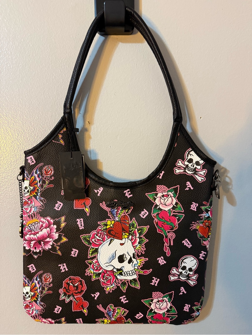 Ed Hardy Black Skull & Floral Shoulder Bag with Pink and Red Accents